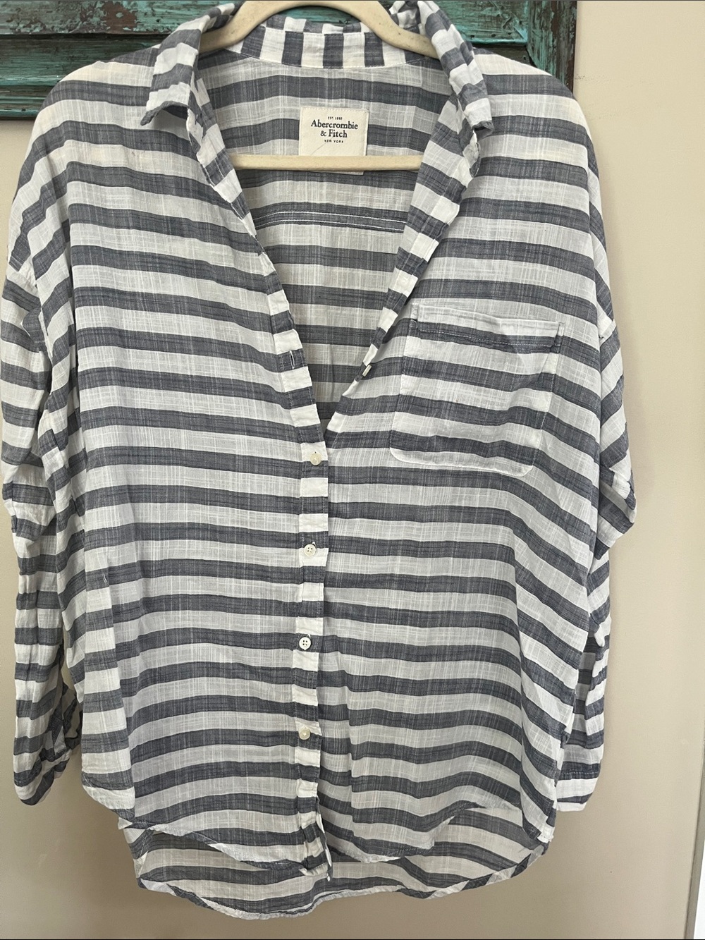 Abercrombie & Fitch Navy and White Striped Button-Down Shirt